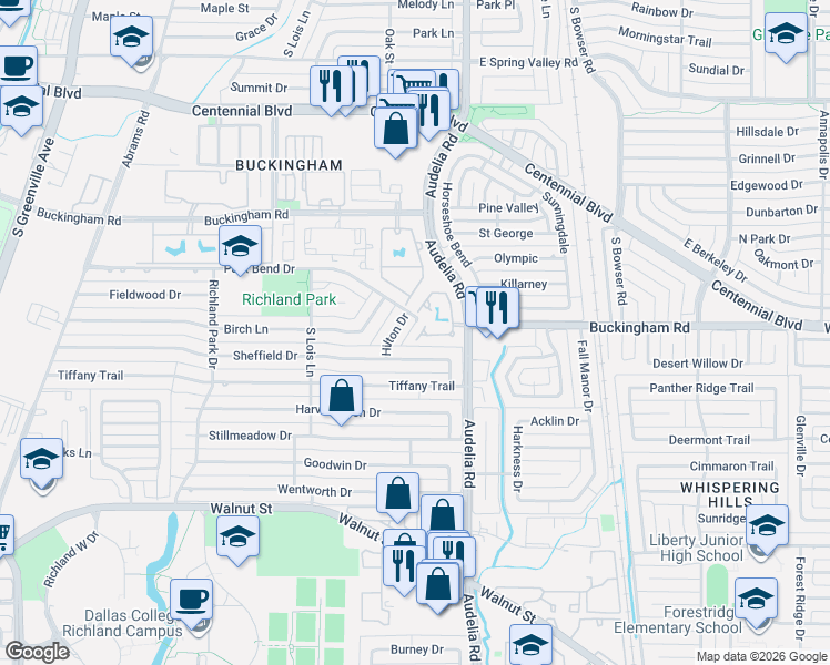 map of restaurants, bars, coffee shops, grocery stores, and more near 608 Laketrail Dr in Richardson