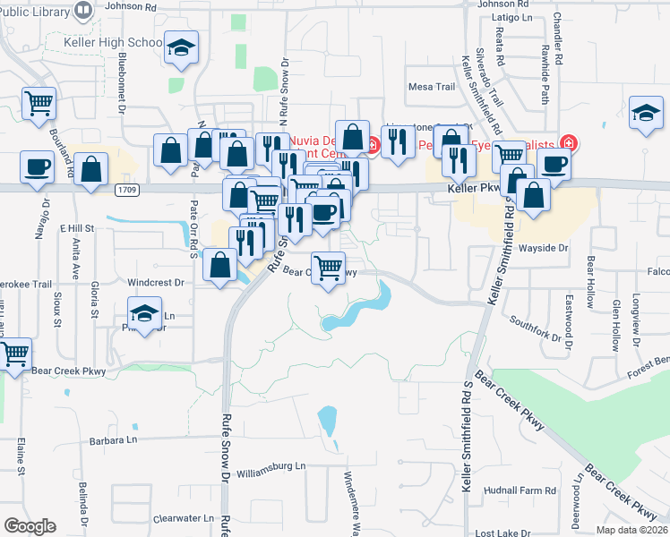 map of restaurants, bars, coffee shops, grocery stores, and more near 251 Town Center Lane in Keller