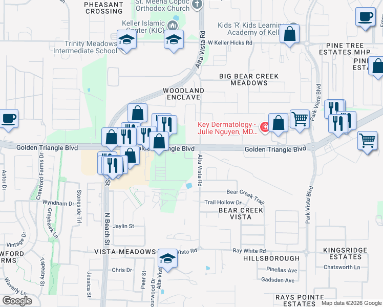 map of restaurants, bars, coffee shops, grocery stores, and more near 4784 Golden Triangle Boulevard in Fort Worth