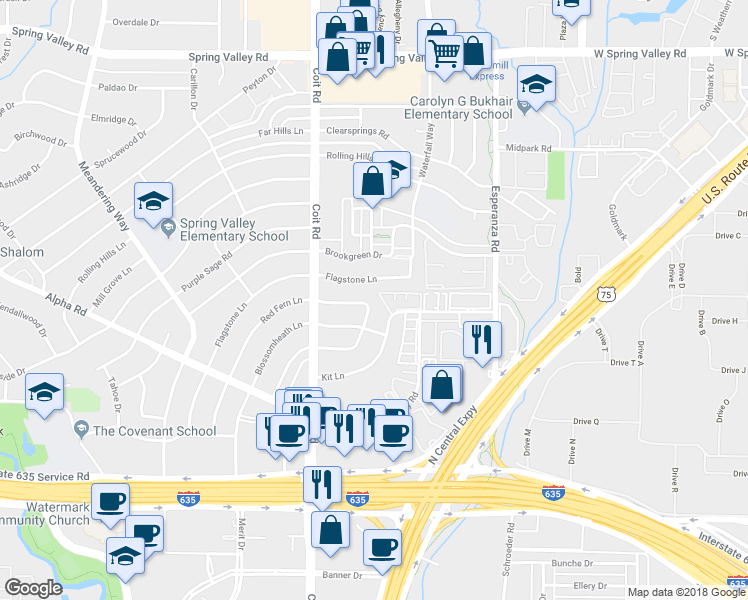 map of restaurants, bars, coffee shops, grocery stores, and more near 13559 Red Fern Lane in Dallas