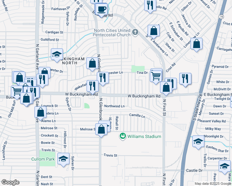 map of restaurants, bars, coffee shops, grocery stores, and more near 2002 Glenwick Lane in Garland