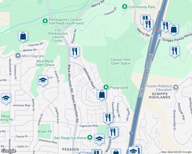 map of restaurants, bars, coffee shops, grocery stores, and more near 9485 Questa Pointe in San Diego