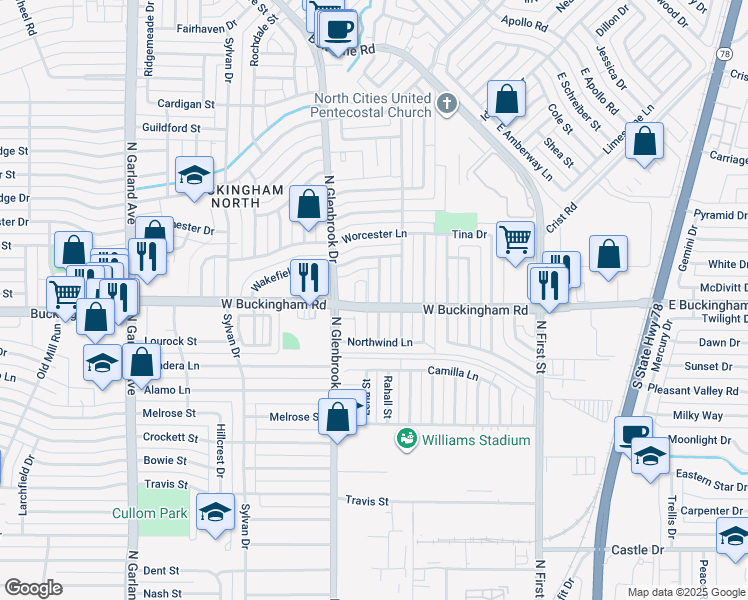 map of restaurants, bars, coffee shops, grocery stores, and more near 2002 Glenwick Lane in Garland