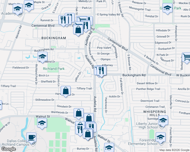 map of restaurants, bars, coffee shops, grocery stores, and more near 652 Laketrail Drive in Richardson