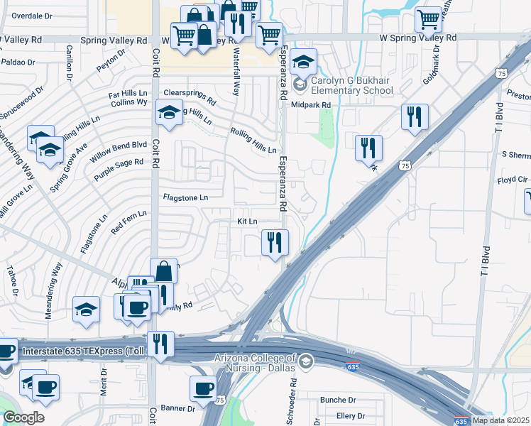 map of restaurants, bars, coffee shops, grocery stores, and more near 13555 Kit Lane in Dallas
