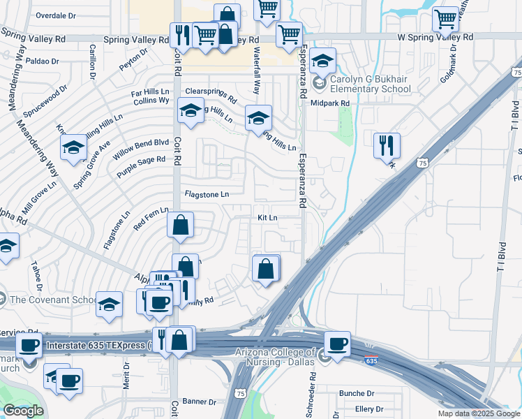 map of restaurants, bars, coffee shops, grocery stores, and more near 13525 Kit Lane in Dallas