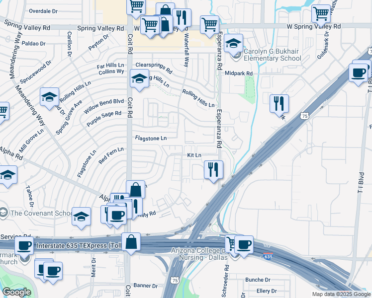map of restaurants, bars, coffee shops, grocery stores, and more near 13525 Kit Lane in Dallas