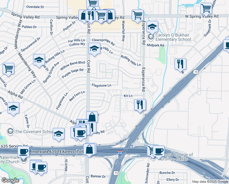 map of restaurants, bars, coffee shops, grocery stores, and more near 13435 Kit Lane in Dallas