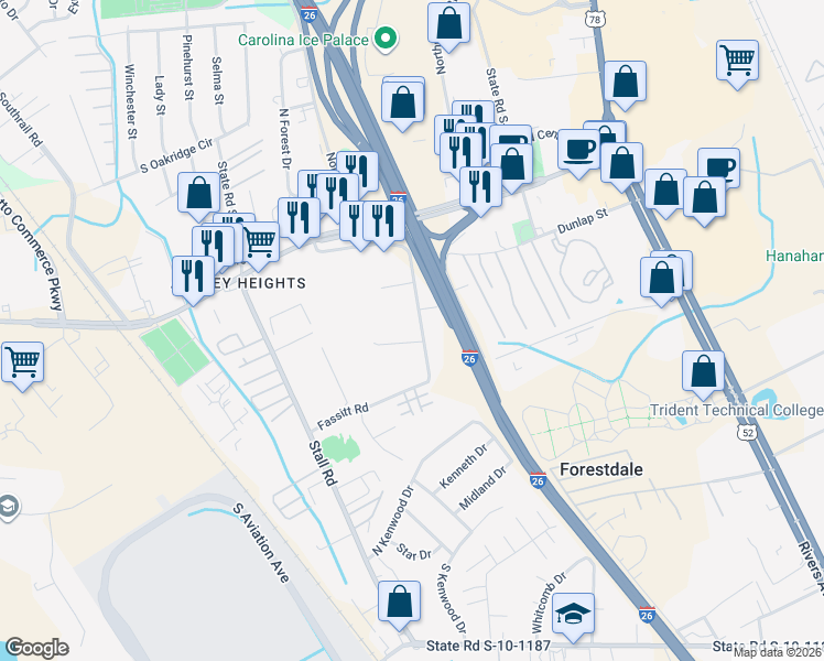map of restaurants, bars, coffee shops, grocery stores, and more near 7251 Mazyck Road in North Charleston