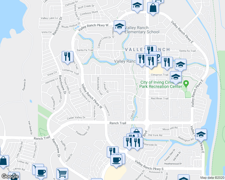 map of restaurants, bars, coffee shops, grocery stores, and more near 755 Red River Trail in Irving