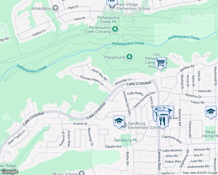 map of restaurants, bars, coffee shops, grocery stores, and more near 11637 Thomas Hayes Lane in San Diego