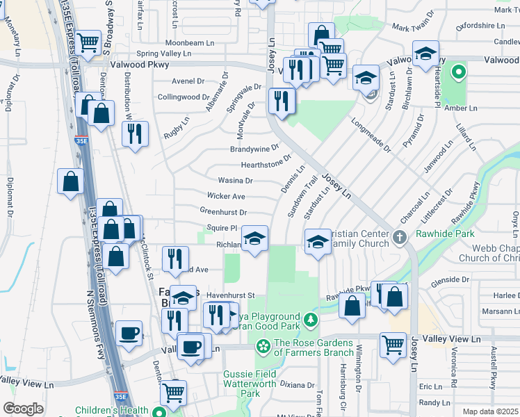 map of restaurants, bars, coffee shops, grocery stores, and more near 2661 Greenhurst Drive in Farmers Branch