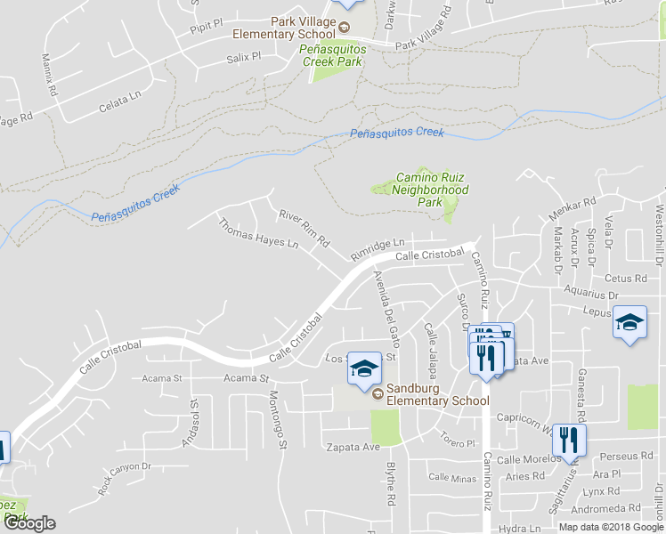 map of restaurants, bars, coffee shops, grocery stores, and more near 11637 Thomas Hayes Lane in San Diego