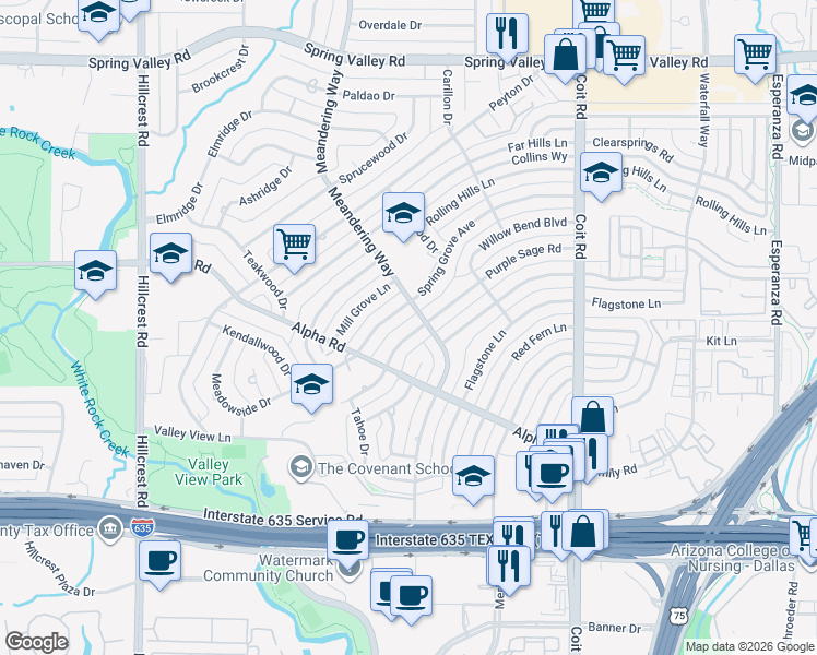 map of restaurants, bars, coffee shops, grocery stores, and more near 13437 Purple Sage Road in Dallas
