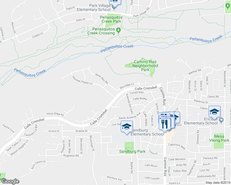 map of restaurants, bars, coffee shops, grocery stores, and more near 11614 River Rim Road in San Diego