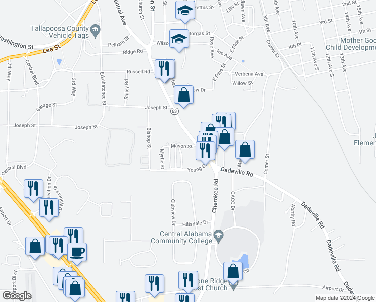 map of restaurants, bars, coffee shops, grocery stores, and more near 131 Mason Street in Alexander City