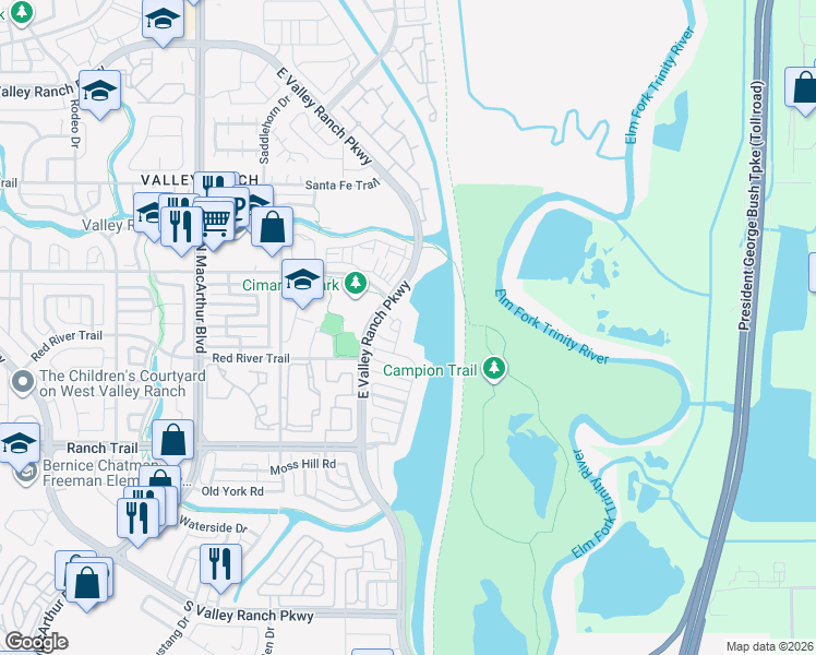 map of restaurants, bars, coffee shops, grocery stores, and more near 9008 Crown Point Circle in Irving