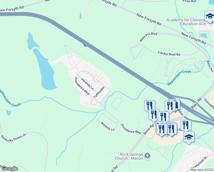 map of restaurants, bars, coffee shops, grocery stores, and more near 366 Providence Boulevard in Macon