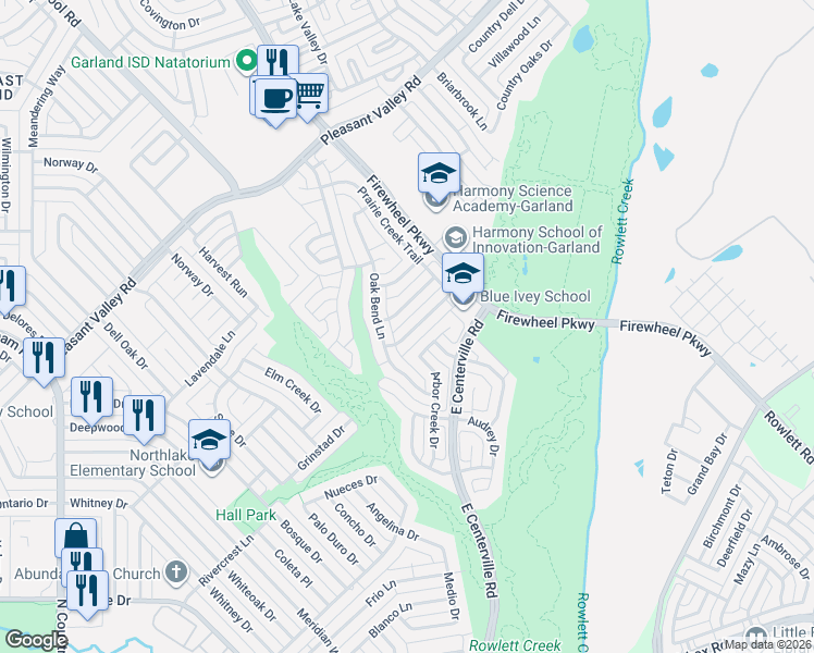 map of restaurants, bars, coffee shops, grocery stores, and more near 1713 Quail Run Drive in Garland