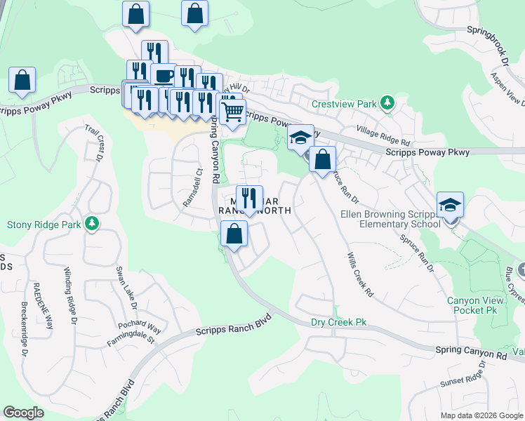 map of restaurants, bars, coffee shops, grocery stores, and more near 11692 Petenwell Road in San Diego
