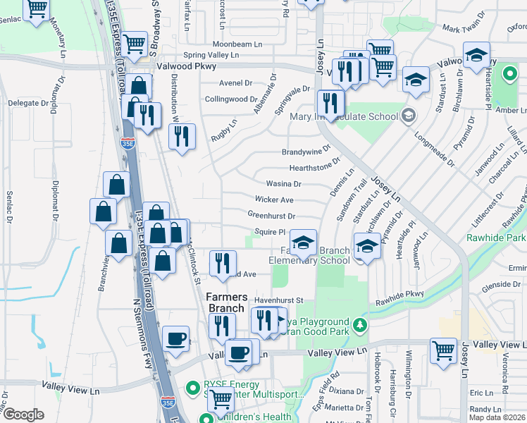 map of restaurants, bars, coffee shops, grocery stores, and more near 2565 Greenhurst Drive in Farmers Branch
