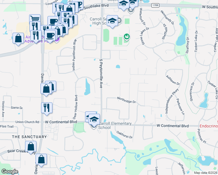 map of restaurants, bars, coffee shops, grocery stores, and more near 823 South Peytonville Avenue in Southlake