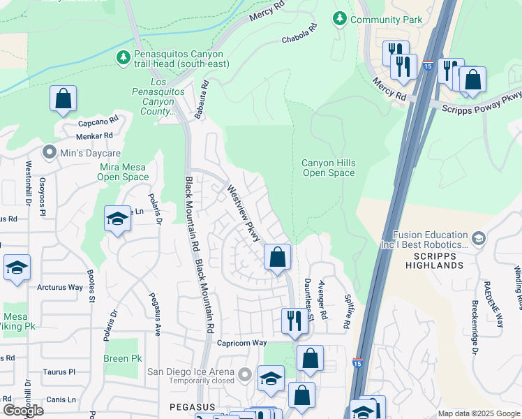 map of restaurants, bars, coffee shops, grocery stores, and more near 9457 Questa Pointe in San Diego
