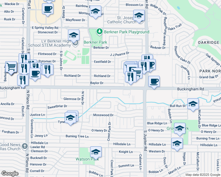 map of restaurants, bars, coffee shops, grocery stores, and more near 3854 West Buckingham Road in Garland