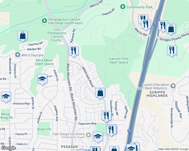 map of restaurants, bars, coffee shops, grocery stores, and more near 9457 Questa Pointe in San Diego