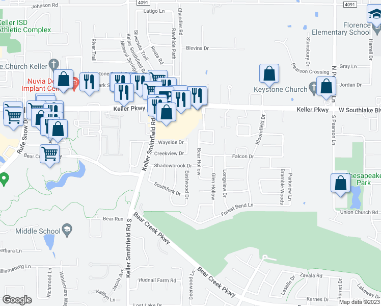 map of restaurants, bars, coffee shops, grocery stores, and more near 222 Bear Hollow in Keller