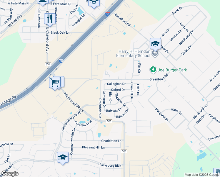 map of restaurants, bars, coffee shops, grocery stores, and more near 224 Oxford Drive in Fate
