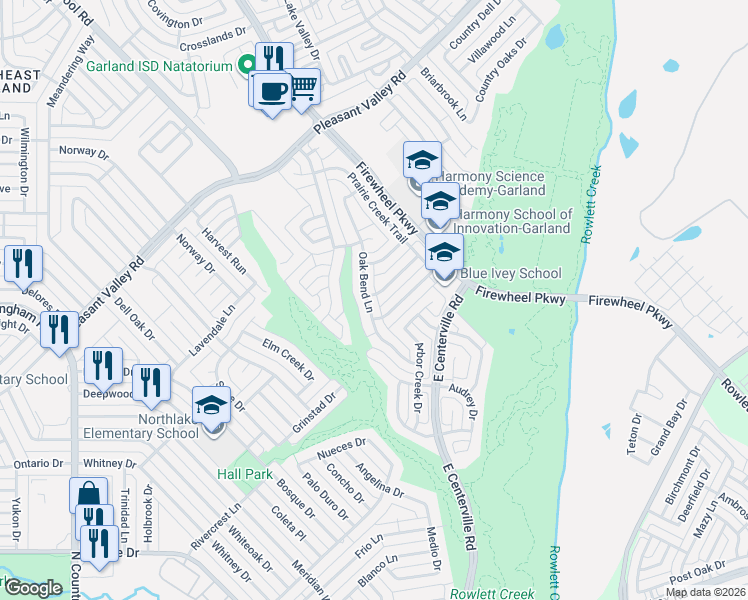 map of restaurants, bars, coffee shops, grocery stores, and more near 1925 Oak Bend Lane in Garland