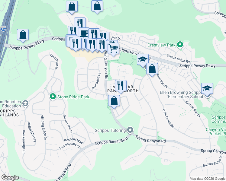 map of restaurants, bars, coffee shops, grocery stores, and more near 10899 Caminito Arcada in San Diego