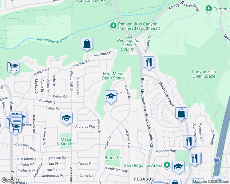 map of restaurants, bars, coffee shops, grocery stores, and more near 9065 Danube Lane in San Diego