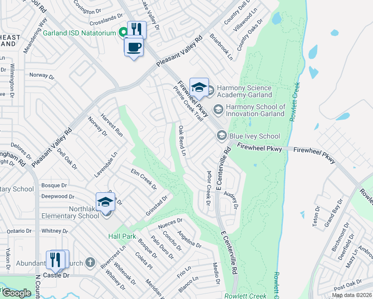 map of restaurants, bars, coffee shops, grocery stores, and more near 1925 Oak Bend Lane in Garland