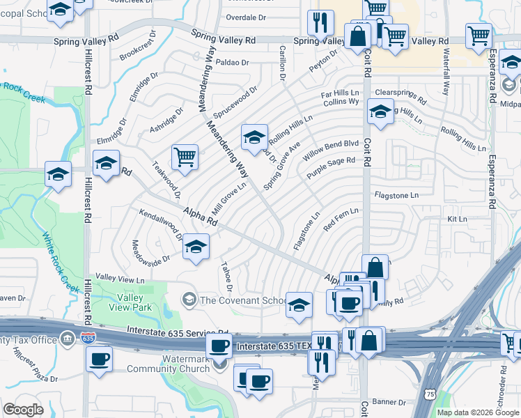 map of restaurants, bars, coffee shops, grocery stores, and more near 13437 Purple Sage Road in Dallas