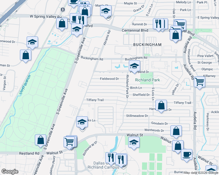 map of restaurants, bars, coffee shops, grocery stores, and more near 424 Birch Lane in Richardson