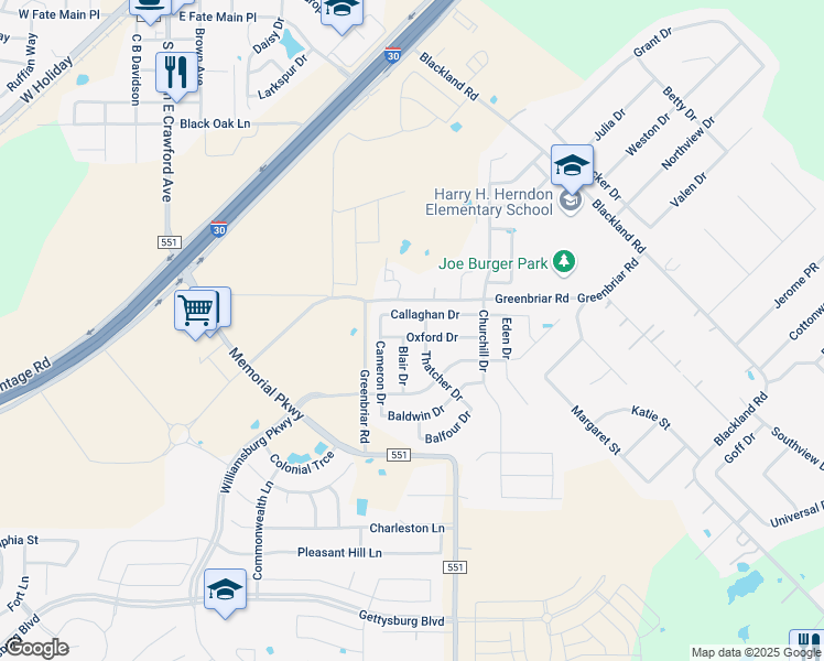 map of restaurants, bars, coffee shops, grocery stores, and more near 224 Oxford Drive in Fate