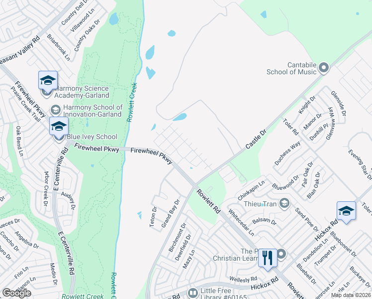 map of restaurants, bars, coffee shops, grocery stores, and more near 2900 Castle Drive in Garland