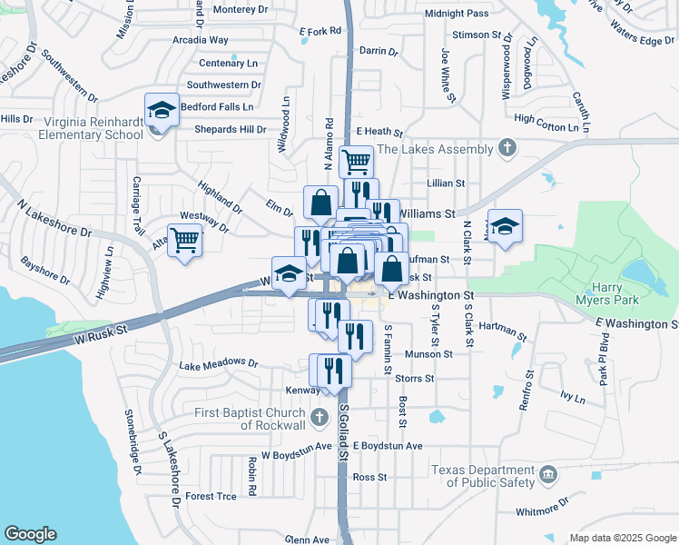 map of restaurants, bars, coffee shops, grocery stores, and more near 102 South Goliad Street in Rockwall