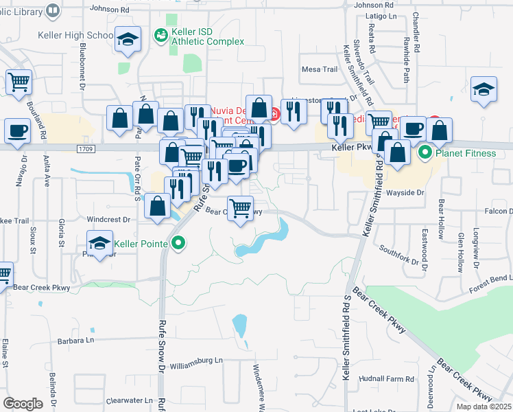 map of restaurants, bars, coffee shops, grocery stores, and more near 3123 Bear Creek Parkway in Keller