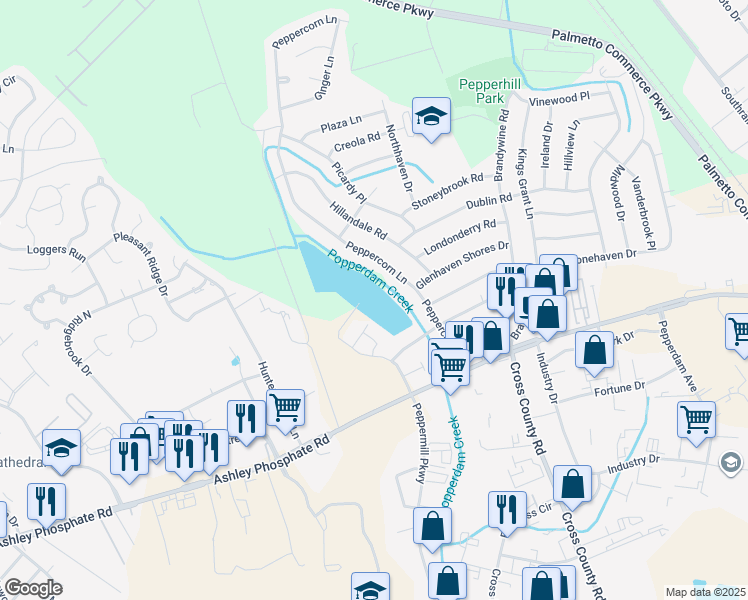map of restaurants, bars, coffee shops, grocery stores, and more near 7580 Plantation Road in North Charleston
