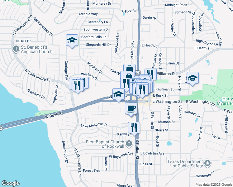 map of restaurants, bars, coffee shops, grocery stores, and more near 406 West Rusk Street in Rockwall
