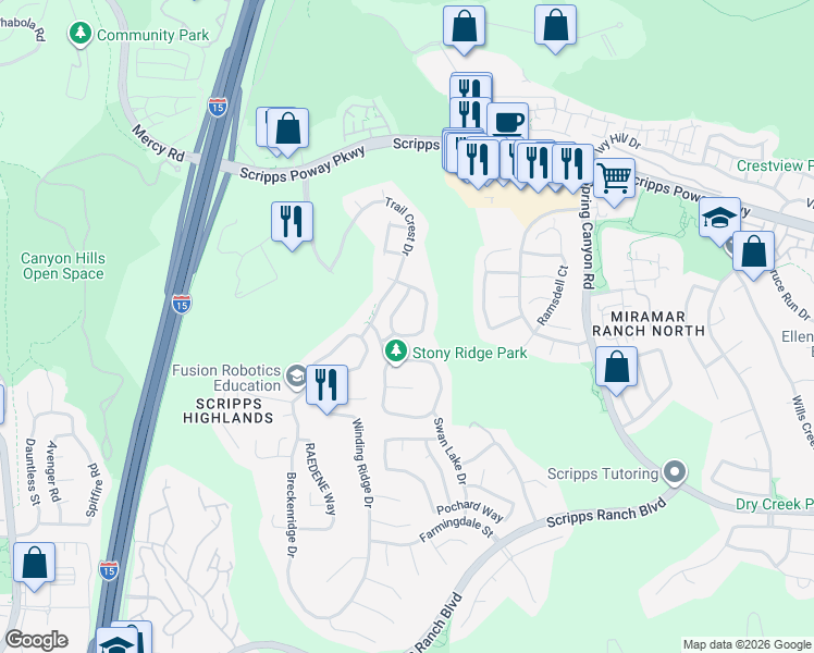 map of restaurants, bars, coffee shops, grocery stores, and more near 11714 Ridge Run Way in San Diego