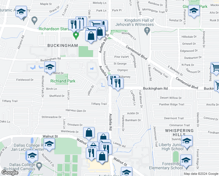 map of restaurants, bars, coffee shops, grocery stores, and more near Audelia Rd & W Buckingham Rd in Dallas