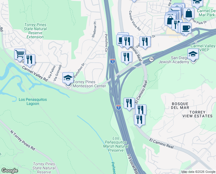 map of restaurants, bars, coffee shops, grocery stores, and more near 12791 Sorrento Valley Road in San Diego