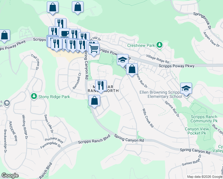 map of restaurants, bars, coffee shops, grocery stores, and more near 11692 Petenwell Road in San Diego