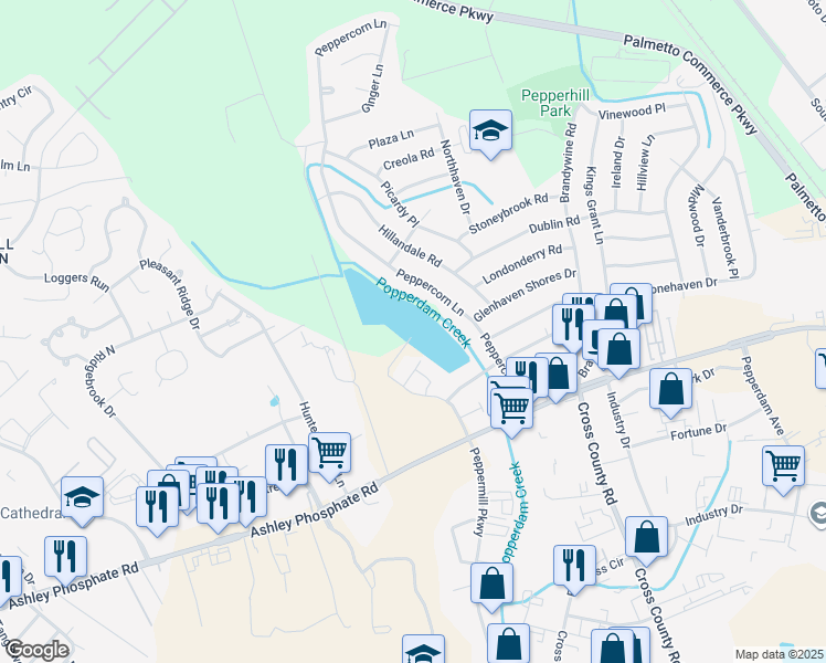 map of restaurants, bars, coffee shops, grocery stores, and more near 7566 Plantation Road in North Charleston