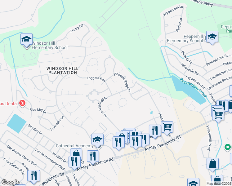 map of restaurants, bars, coffee shops, grocery stores, and more near 8220 North Ridgebrook Drive in Charleston