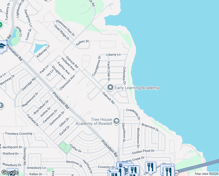 map of restaurants, bars, coffee shops, grocery stores, and more near 8006 Spinnaker Cove in Rowlett